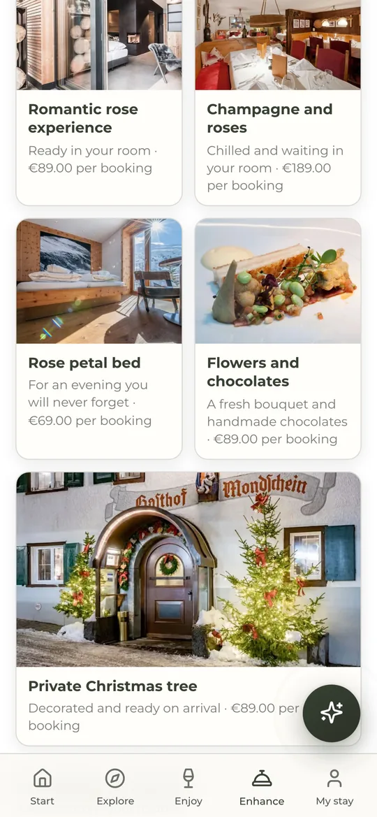 The Mondschein app: extras such as roses, champagne and a private Christmas tree in the room