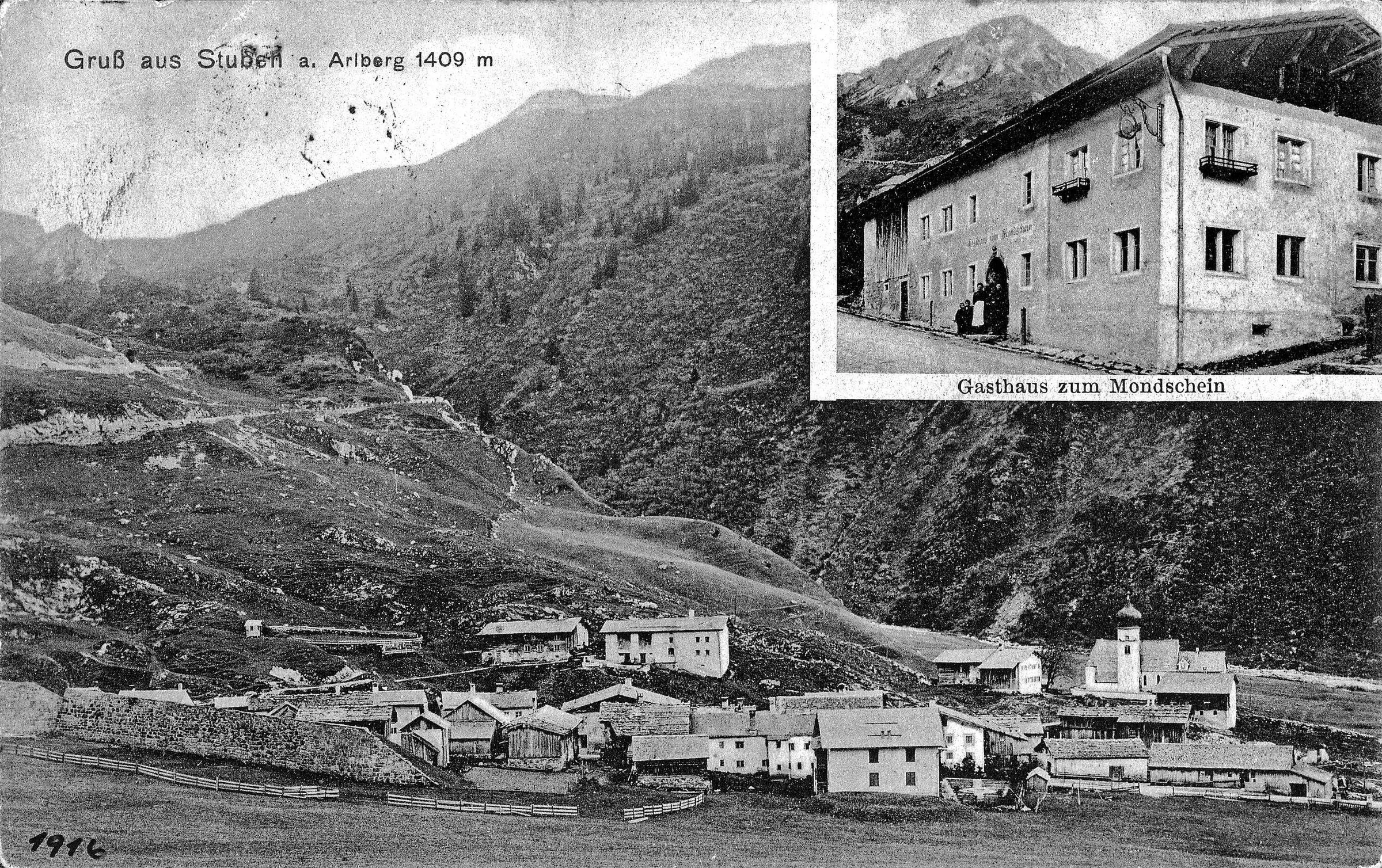 Historische Postkarte „Gruß aus Stuben“ mit dem Gasthaus zum Mondschein